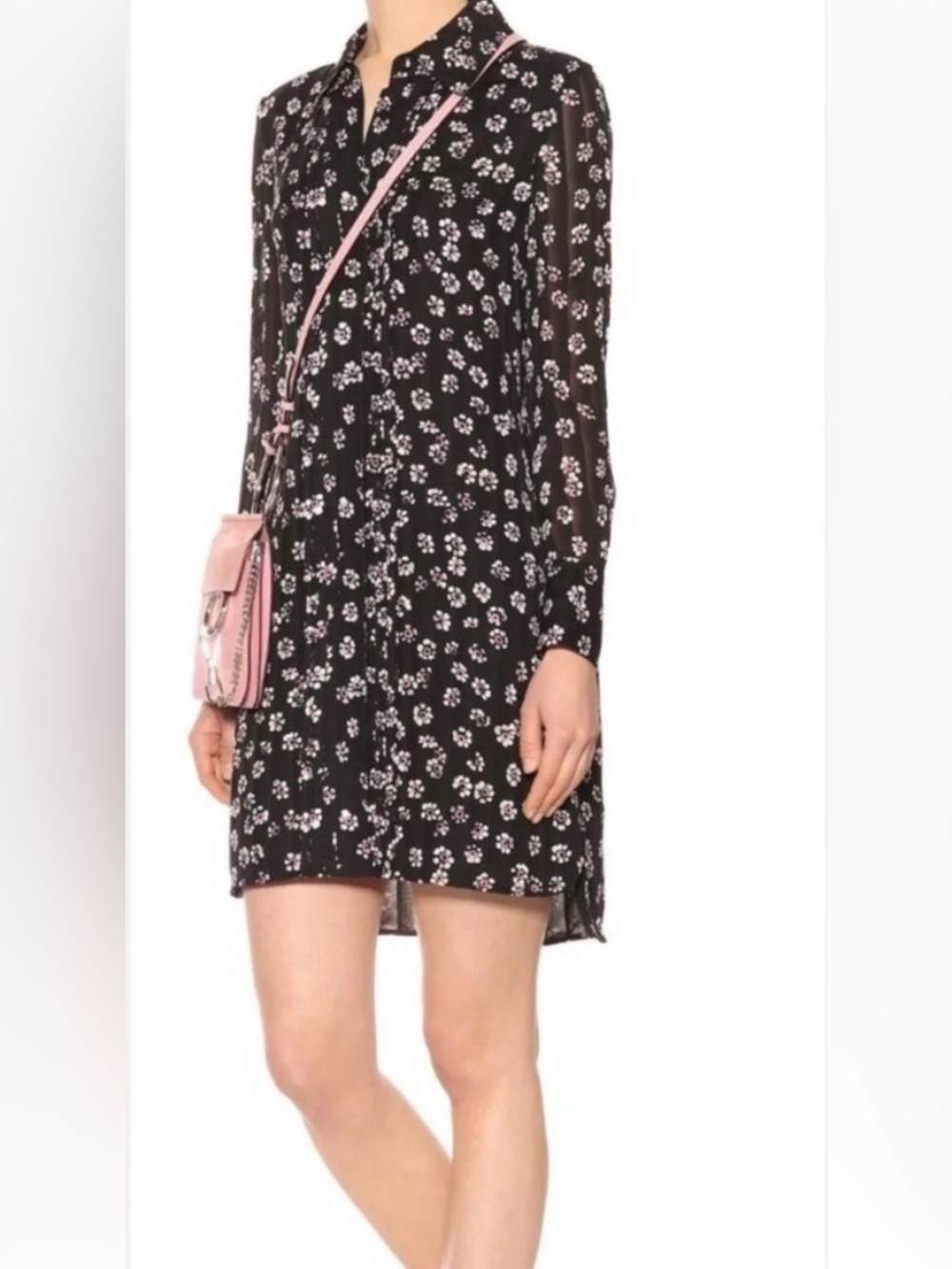 TORY BURCH Avery Silk Floral‎ Mini Shirt Dress Black Pink Size 4 Preppy Resort